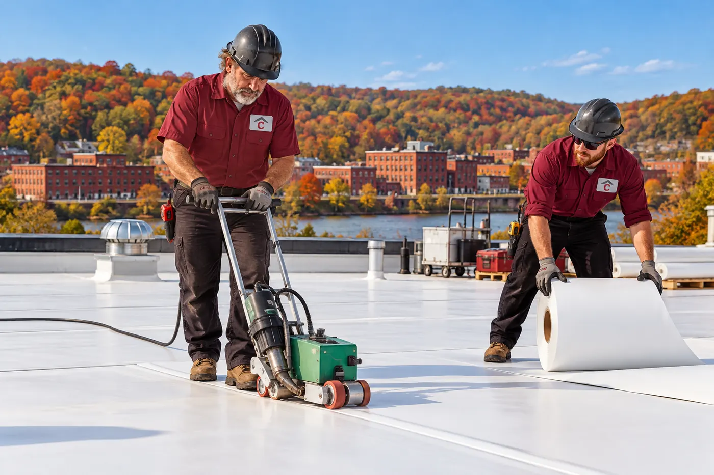 Roofers in logo uniforms rolling out white TPO membrane on a low-slope commercial roof