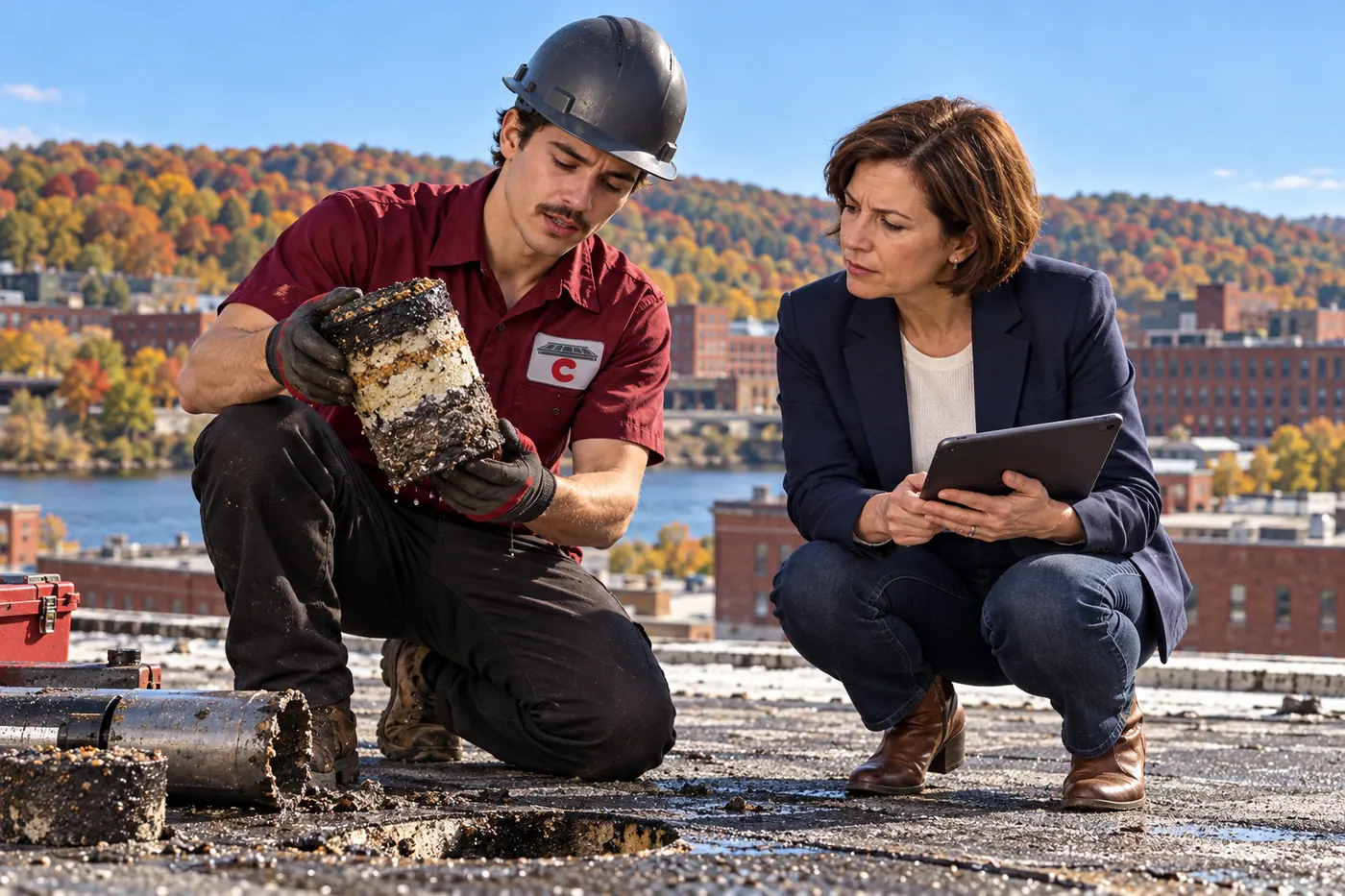Roofer in a logo uniform walking a commercial roof during an inspection