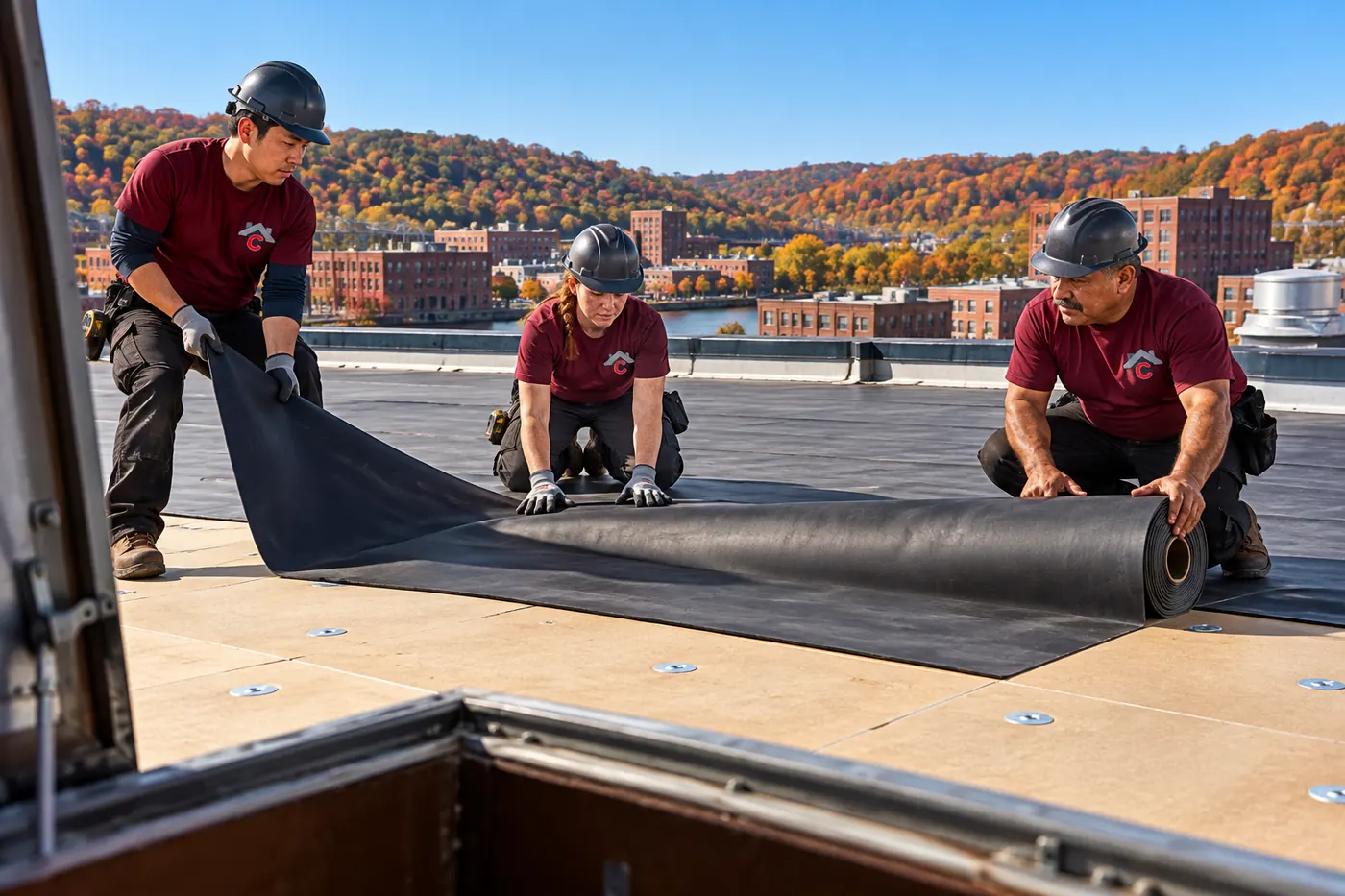 Crew in logo uniforms installing black EPDM rubber membrane on a flat roof