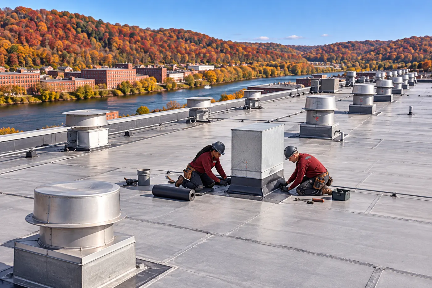 Aerial view of a large industrial roof with rooftop units and roofers at work