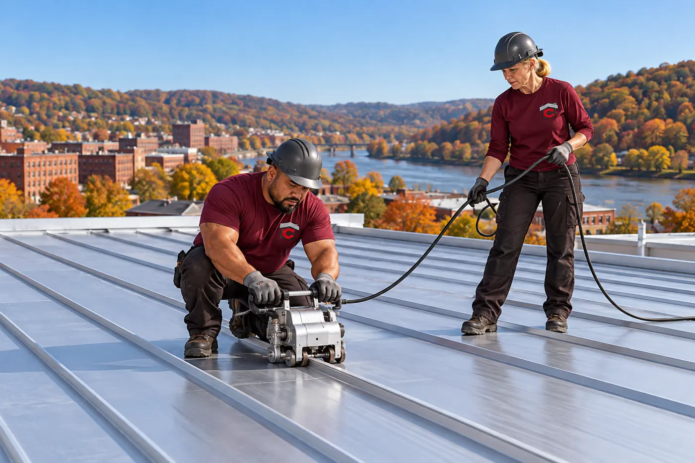 Roofers fastening metal panels on a commercial metal roof