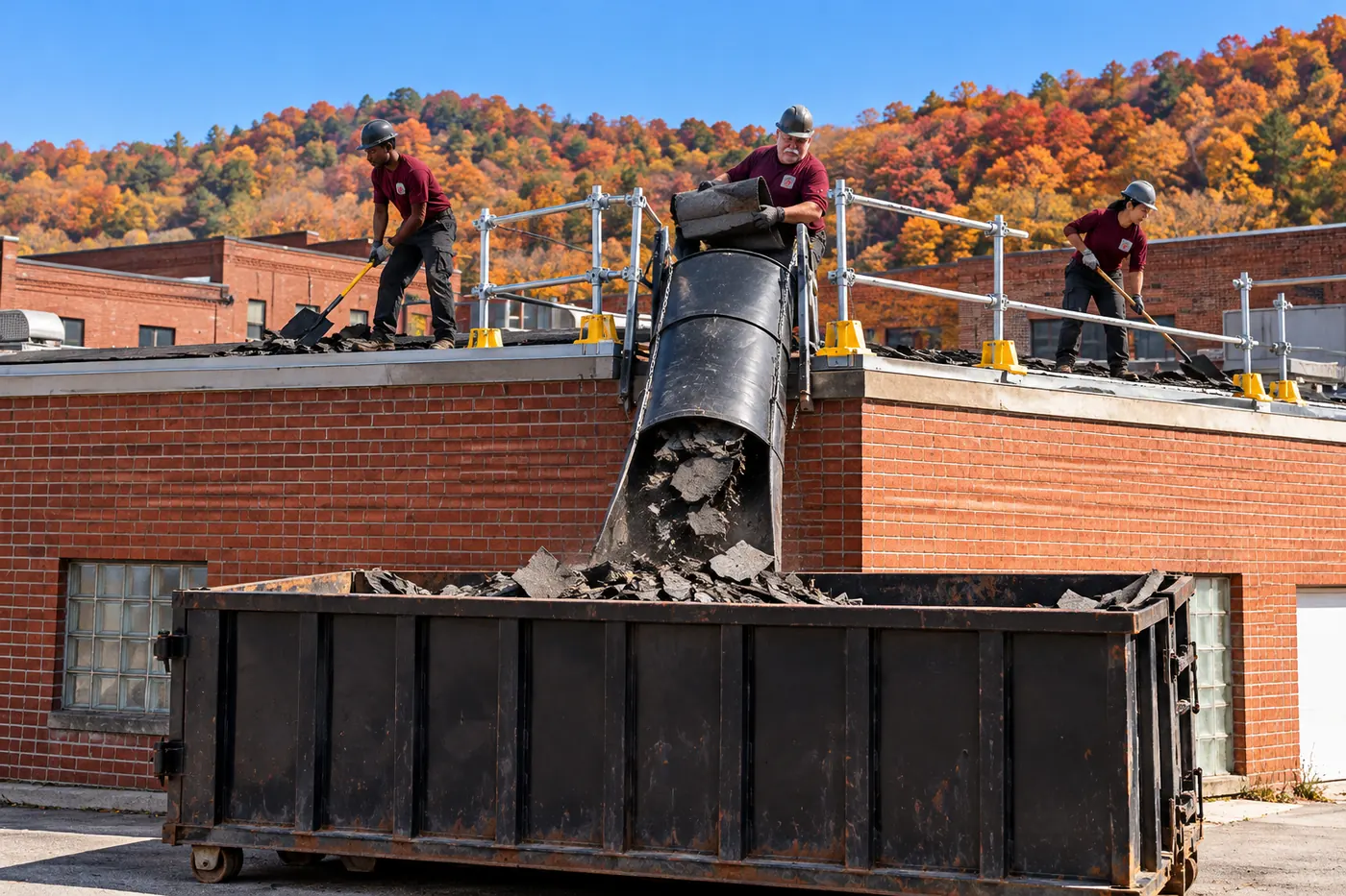 Crew tearing an old membrane roof down to the deck on a commercial building